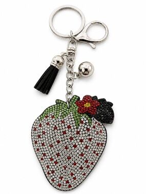 Silver Strawberry Bag Charm Keychain 3D Crystal Tassel Purse Charm